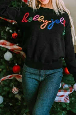 Clearance Dear-Lover Holly Jolly Round Neck Casual Sweater Black