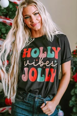 Fashion Dear-Lover HOLLY JOLLY Vibes Christmas Crew Neck T Shirt Black