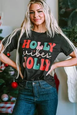 Fashion Dear-Lover HOLLY JOLLY Vibes Christmas Crew Neck T Shirt Black