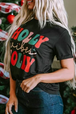 Fashion Dear-Lover HOLLY JOLLY Vibes Christmas Crew Neck T Shirt Black