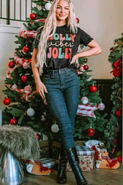 Fashion Dear-Lover HOLLY JOLLY Vibes Christmas Crew Neck T Shirt Black