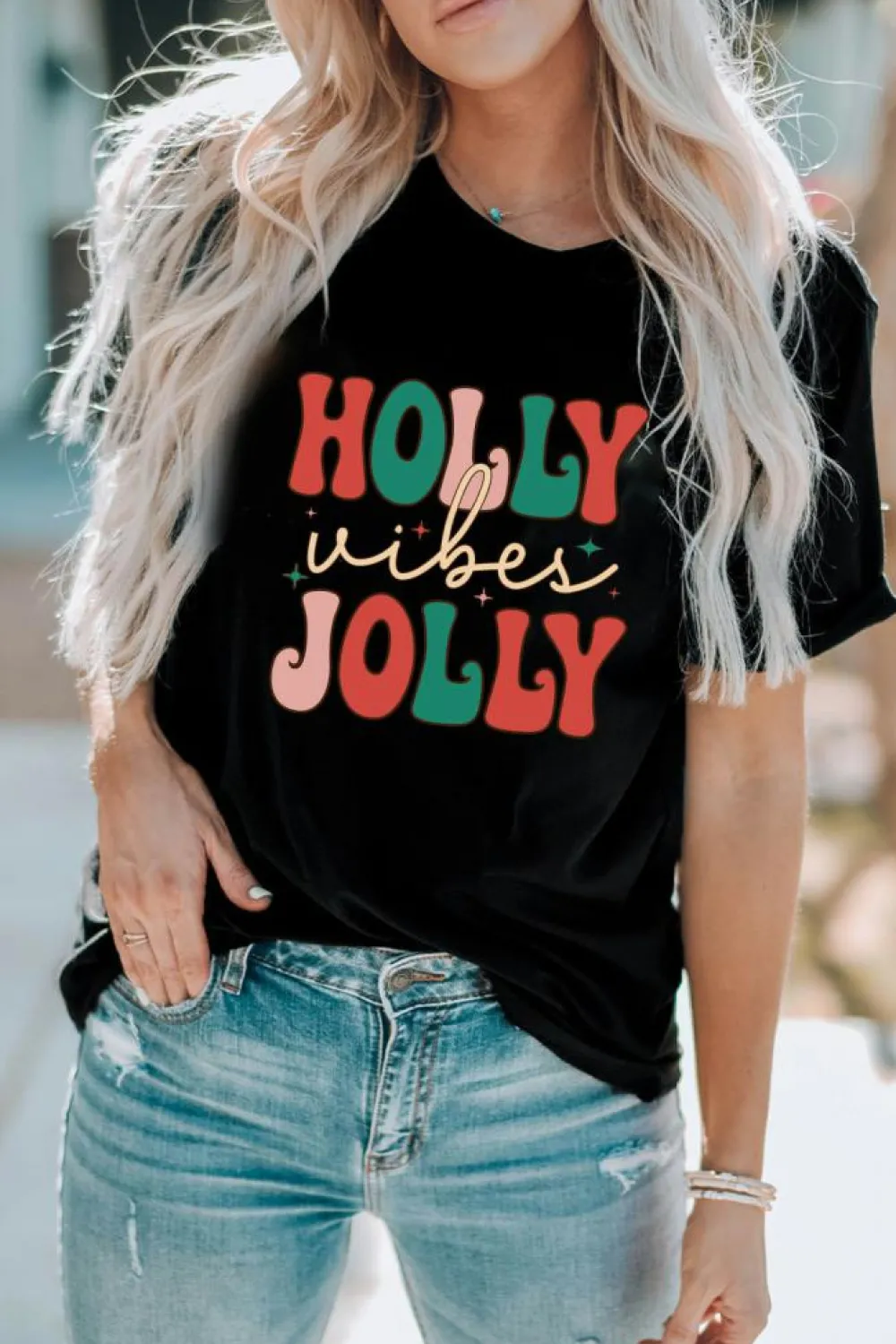 Fashion Dear-Lover HOLLY JOLLY Vibes Christmas Crew Neck T Shirt Black