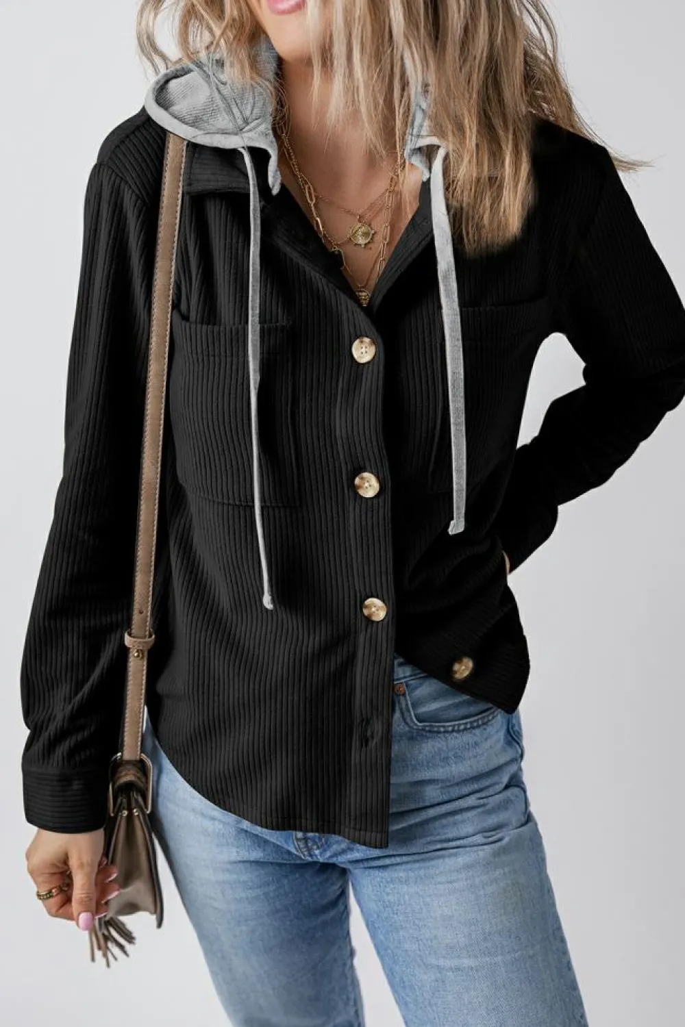 Clearance Dear-Lover Black Hooded Drawstring Pockets Corduroy Shacket Color black