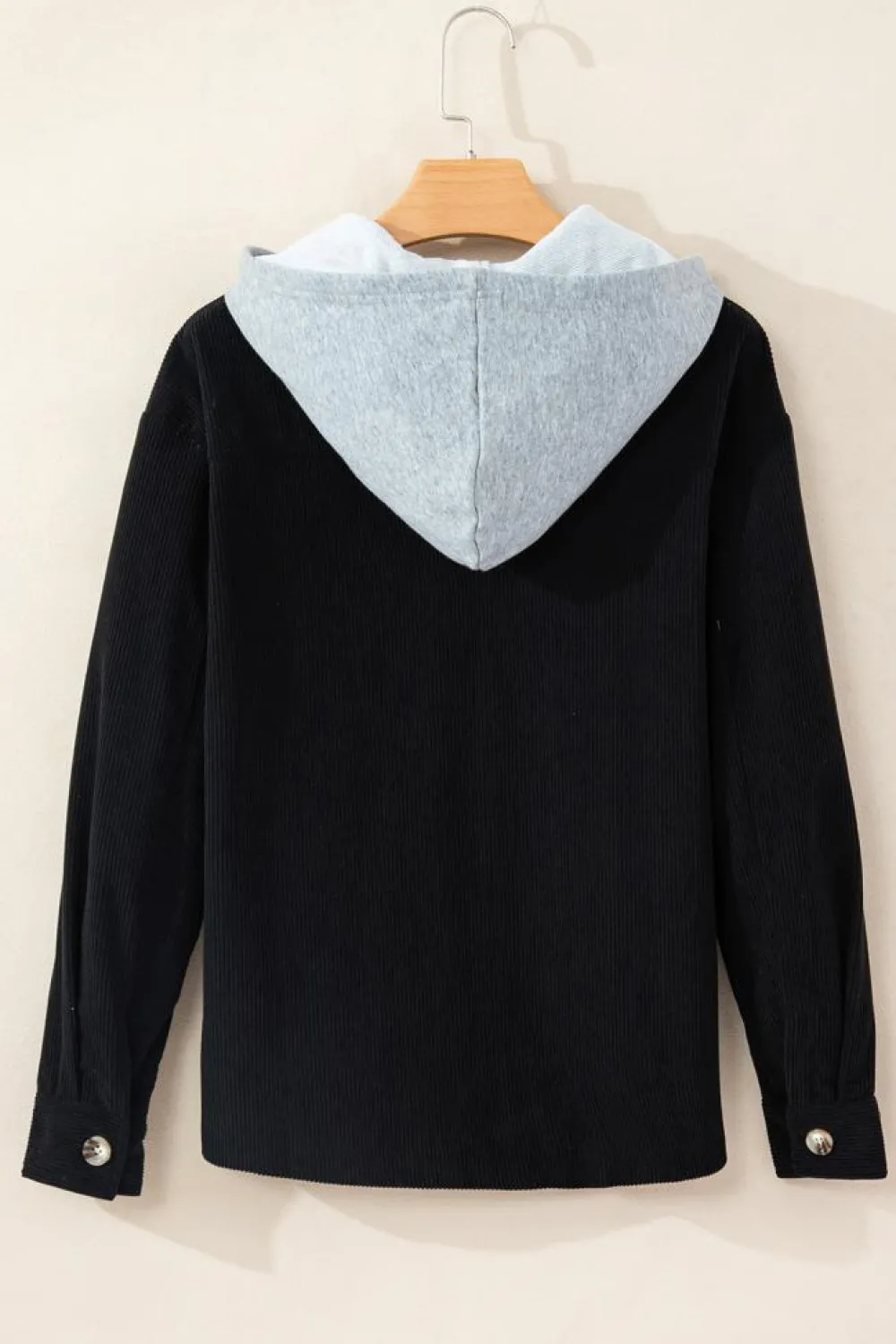 Clearance Dear-Lover Black Hooded Drawstring Pockets Corduroy Shacket Color black
