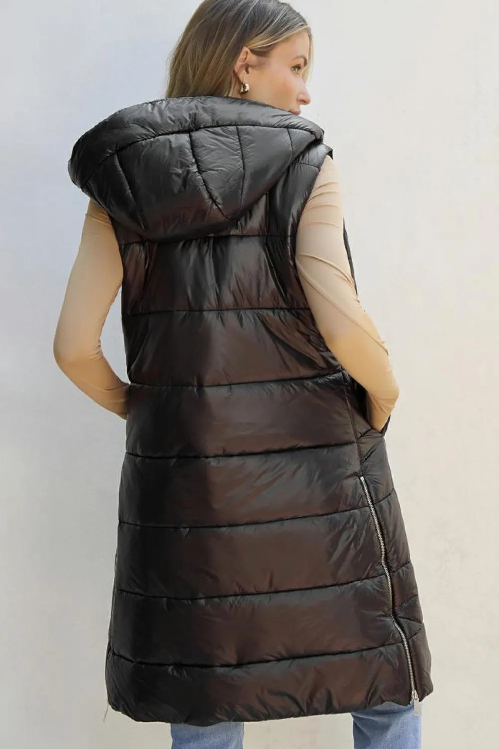Clearance Dear-Lover Hooded Long Quilted Vest Coat Black