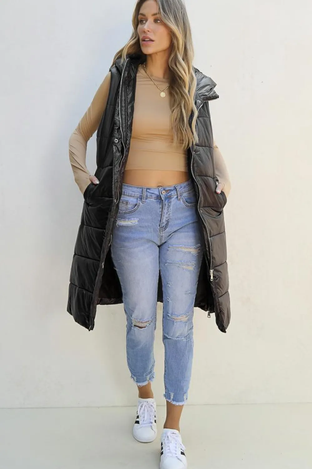 Clearance Dear-Lover Hooded Long Quilted Vest Coat Black