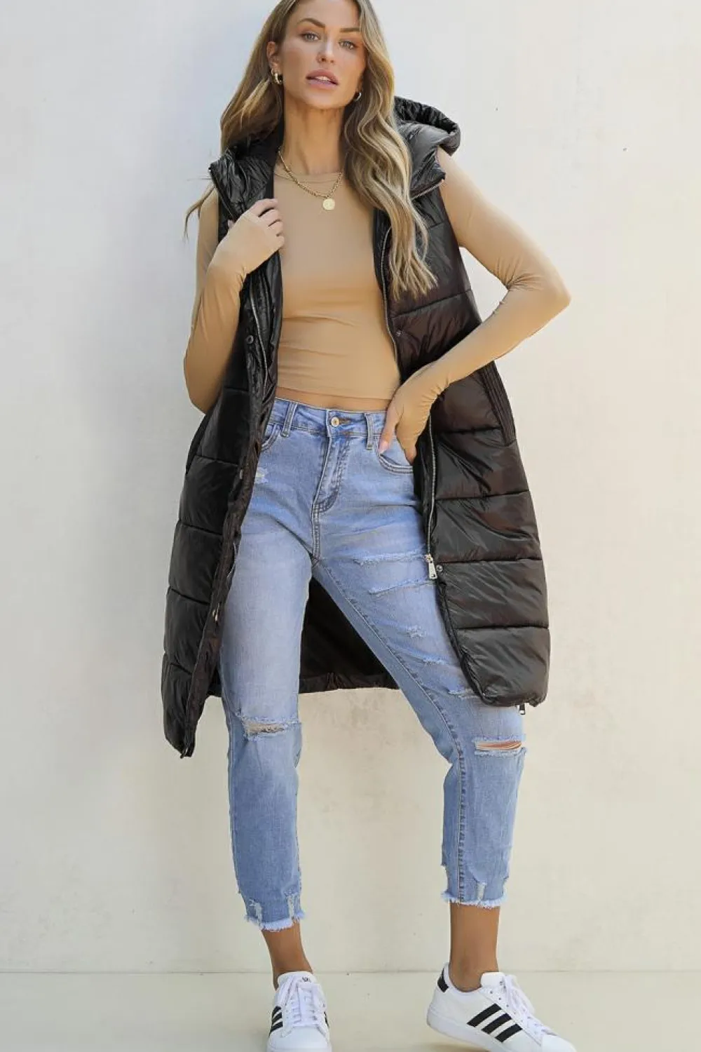 Clearance Dear-Lover Hooded Long Quilted Vest Coat Black