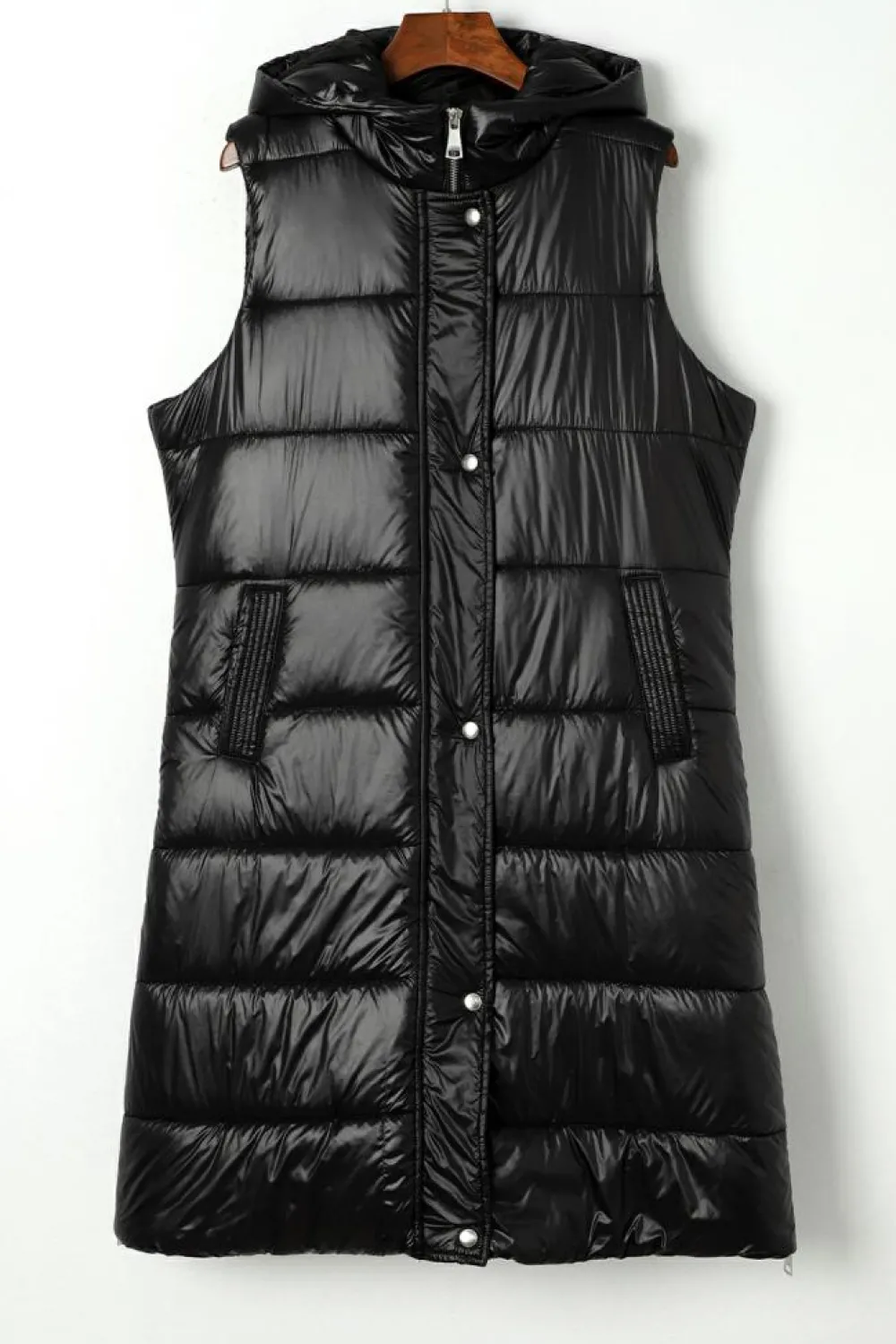 Clearance Dear-Lover Hooded Long Quilted Vest Coat Black