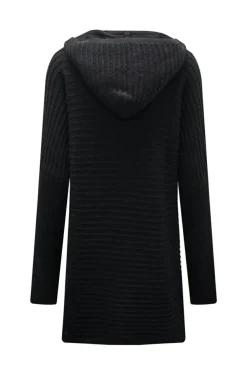 Best Dear-Lover Horizontal Rib Knitted Open Front Hooded Cardigan Black