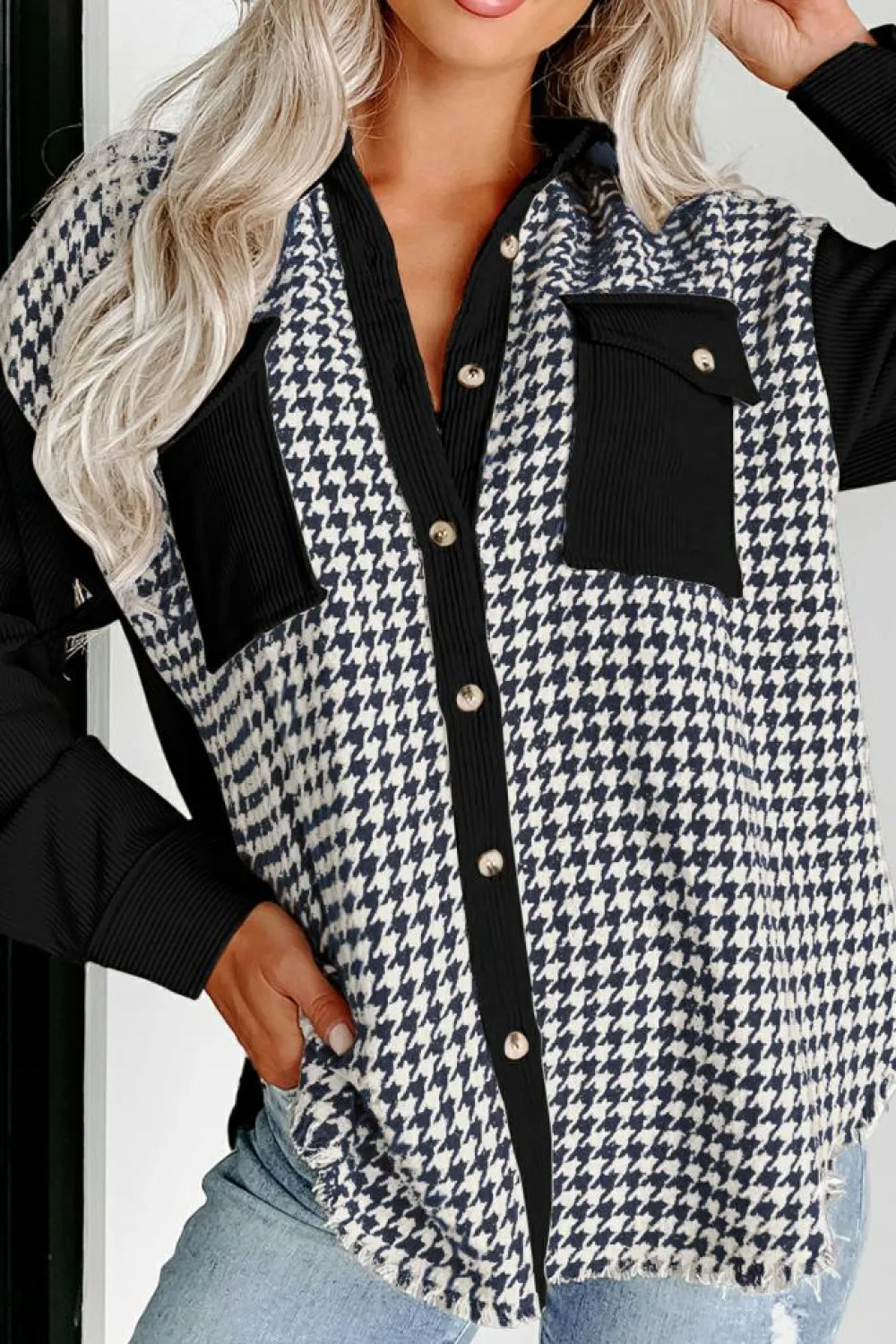 Online Dear-Lover Houndstooth Corduroy Patchwork Flap Pocket Shacket Black