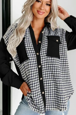 Online Dear-Lover Houndstooth Corduroy Patchwork Flap Pocket Shacket Black