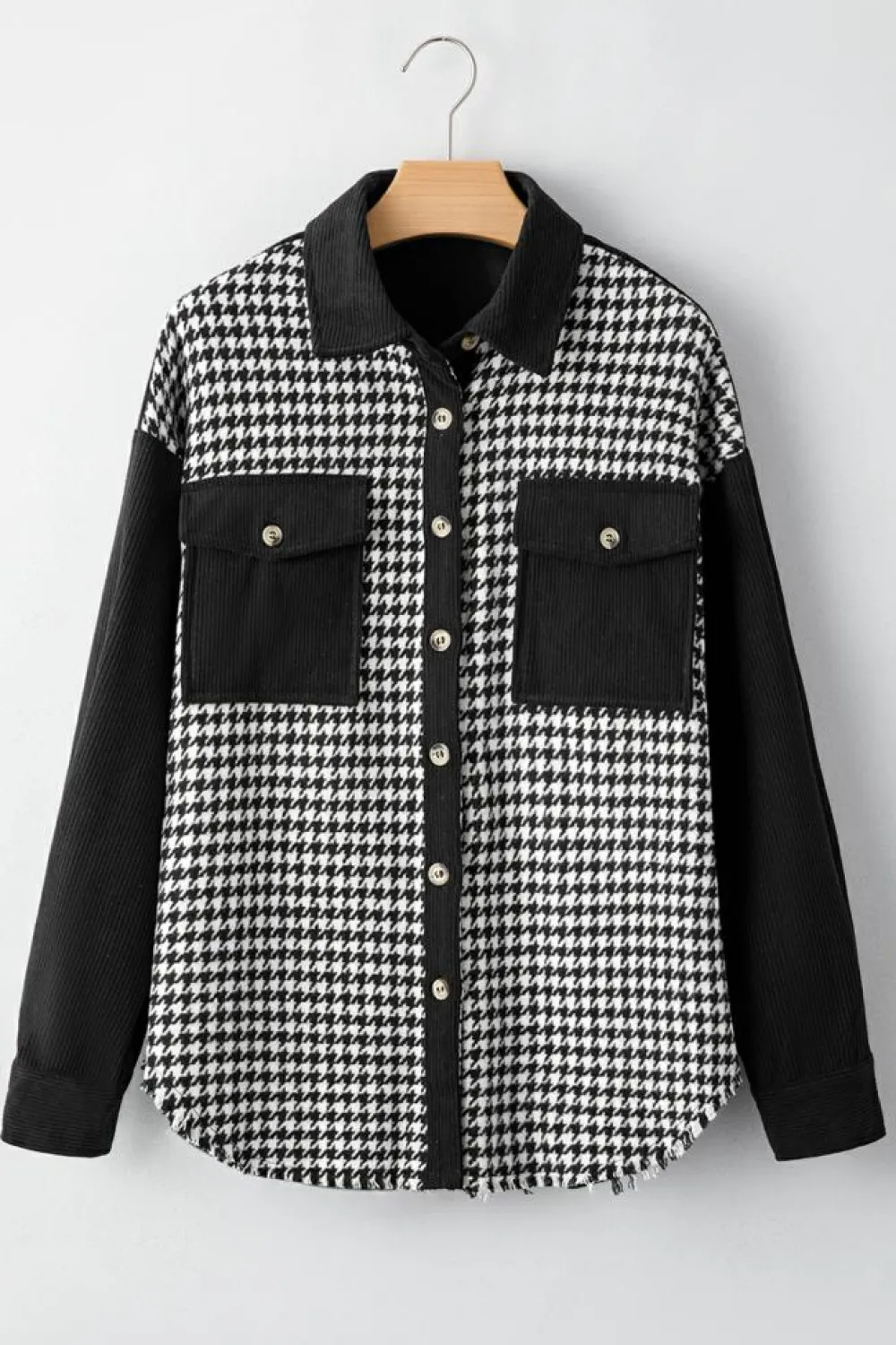 Online Dear-Lover Houndstooth Corduroy Patchwork Flap Pocket Shacket Black