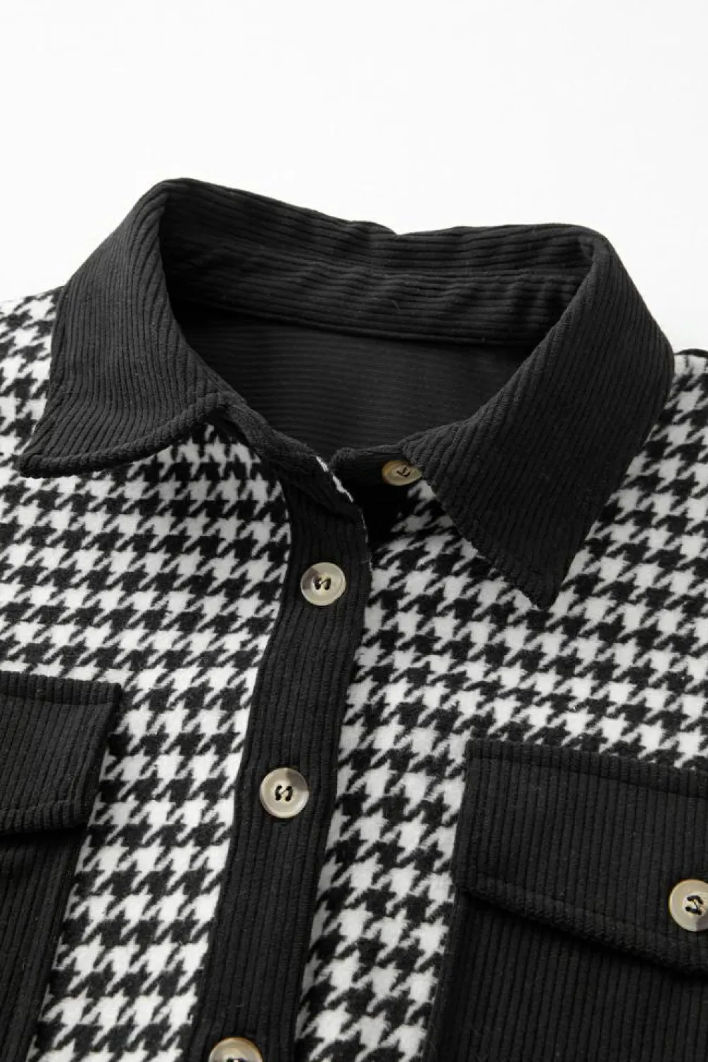 Online Dear-Lover Houndstooth Corduroy Patchwork Flap Pocket Shacket Black