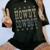 Hot Dear-Lover HOWDY COWBOY Star Print Crew Neck Loose T Shirt Black
