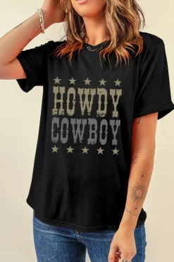 Hot Dear-Lover HOWDY COWBOY Star Print Crew Neck Loose T Shirt Black