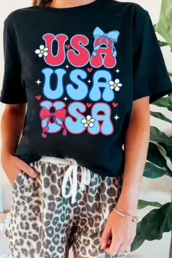 Online Dear-Lover July 4th Cute Flower Bow USA Letter Graphic Tee Black