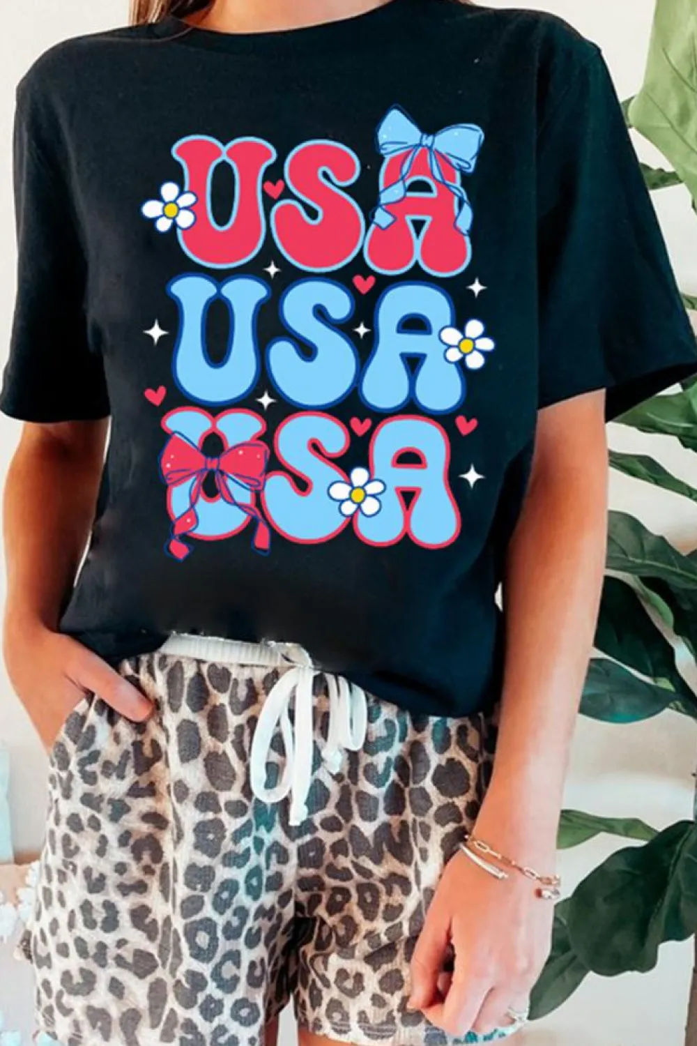 Online Dear-Lover July 4th Cute Flower Bow USA Letter Graphic Tee Black