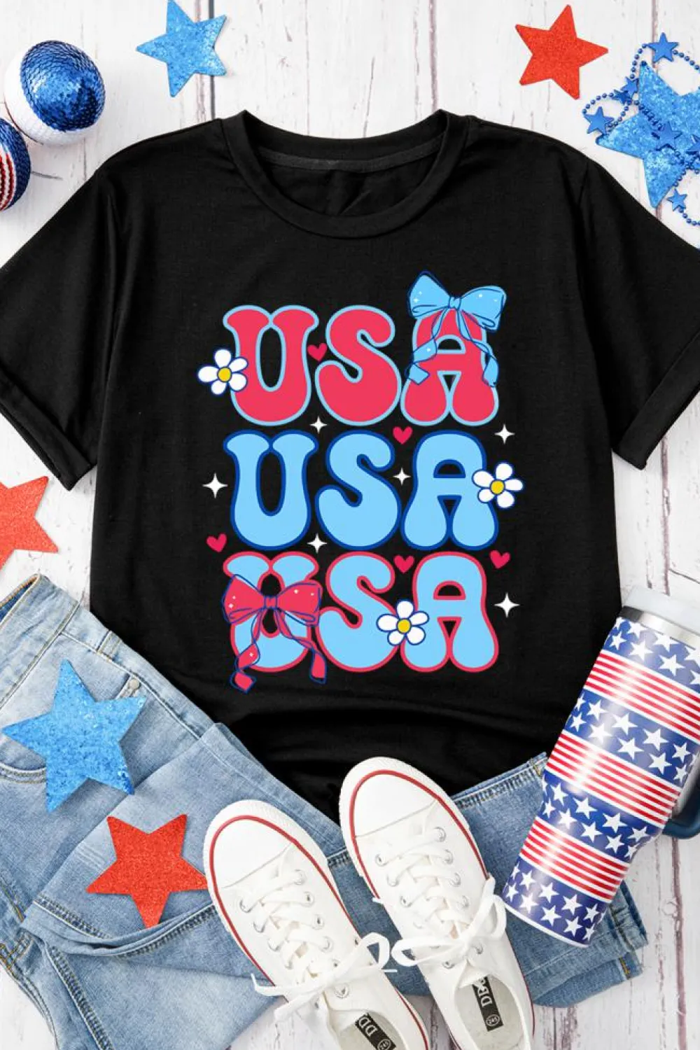 Online Dear-Lover July 4th Cute Flower Bow USA Letter Graphic Tee Black