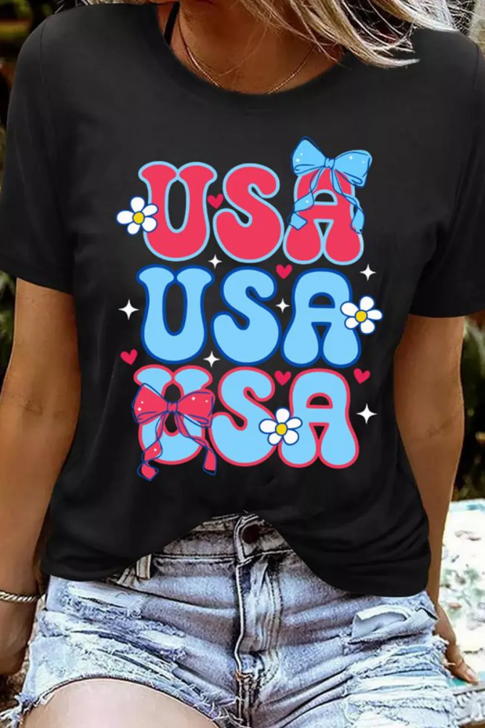 Online Dear-Lover July 4th Cute Flower Bow USA Letter Graphic Tee Black