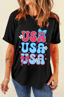Online Dear-Lover July 4th Cute Flower Bow USA Letter Graphic Tee Black