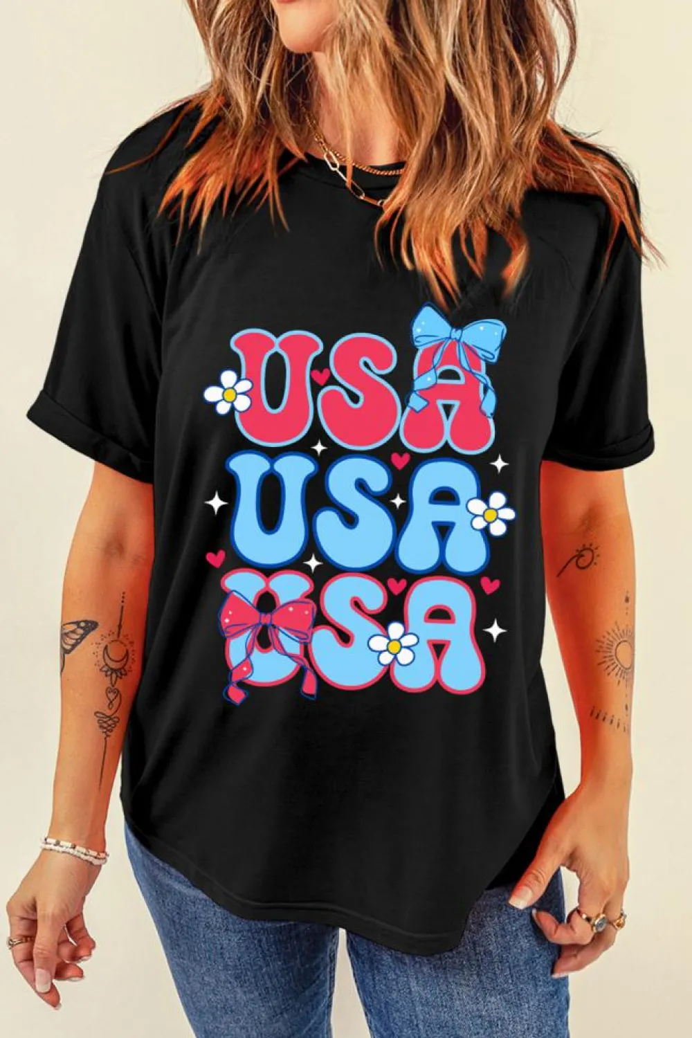 Online Dear-Lover July 4th Cute Flower Bow USA Letter Graphic Tee Black