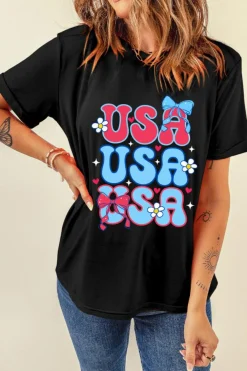 Online Dear-Lover July 4th Cute Flower Bow USA Letter Graphic Tee Black
