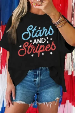 Sale Dear-Lover July 4th Stars AND Stripes Vintage Letter Graphic Tee Black