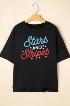 Sale Dear-Lover July 4th Stars AND Stripes Vintage Letter Graphic Tee Black