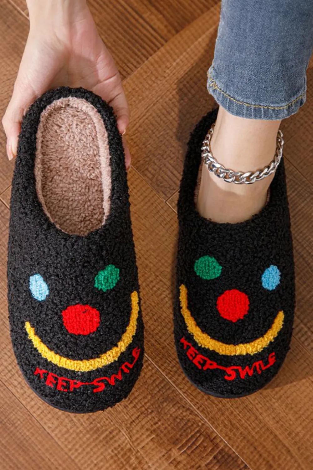 Online Dear-Lover Keep Smile Printed Sherpa Home Slippers Black