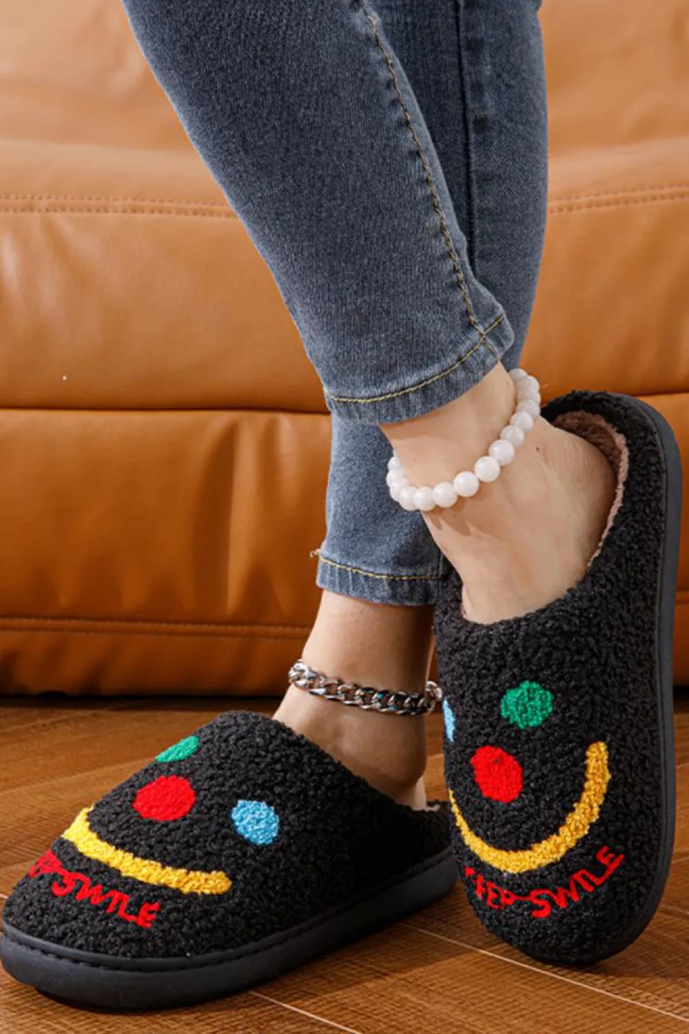 Online Dear-Lover Keep Smile Printed Sherpa Home Slippers Black