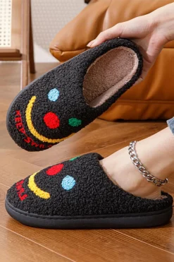 Online Dear-Lover Keep Smile Printed Sherpa Home Slippers Black