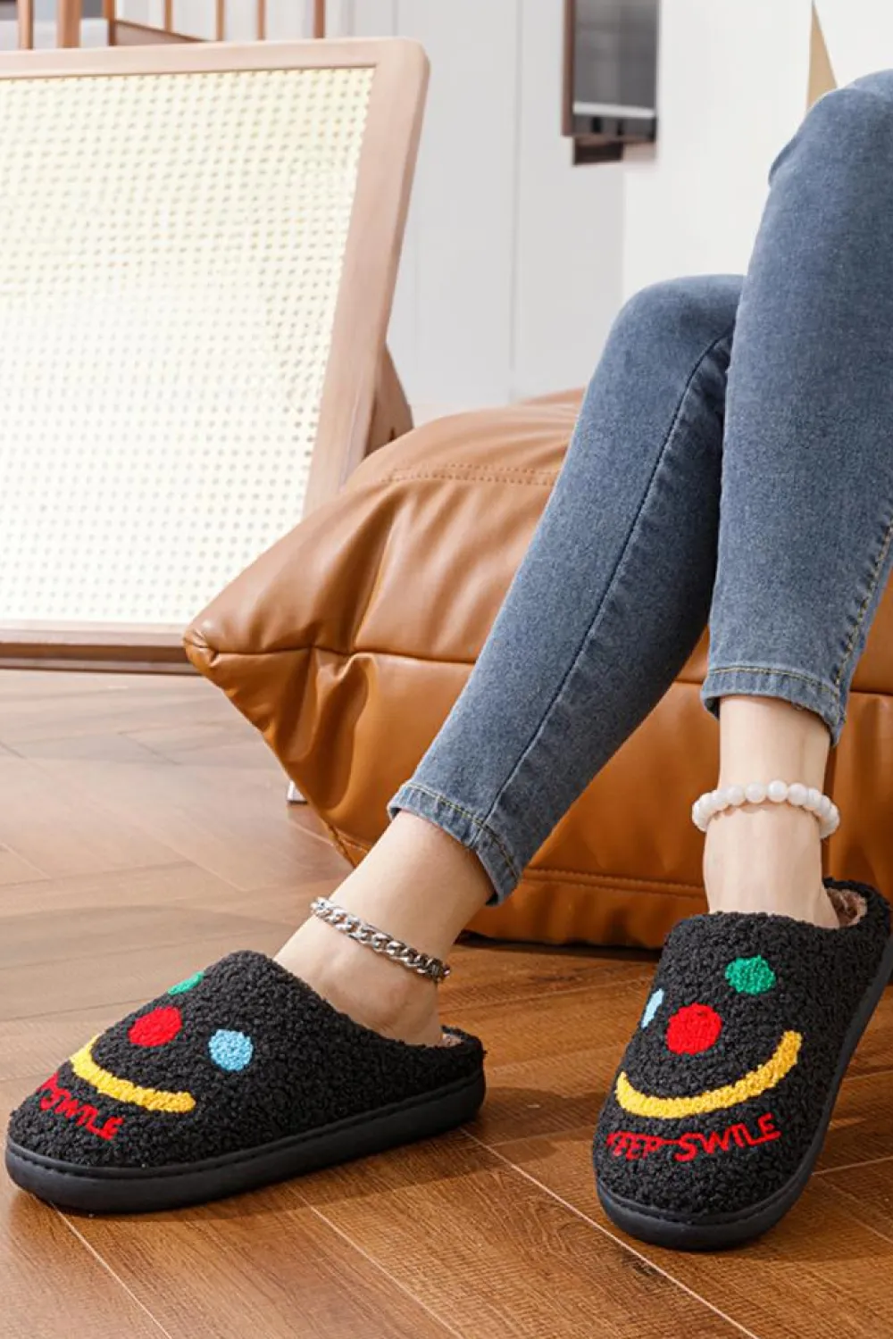 Online Dear-Lover Keep Smile Printed Sherpa Home Slippers Black