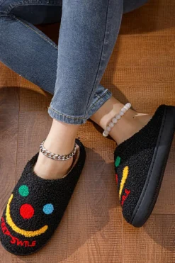 Online Dear-Lover Keep Smile Printed Sherpa Home Slippers Black