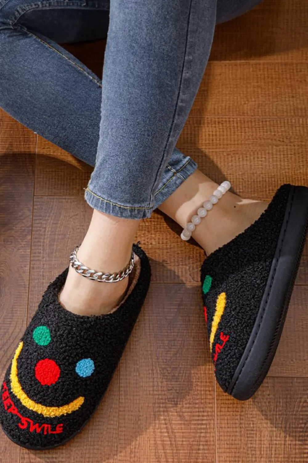 Online Dear-Lover Keep Smile Printed Sherpa Home Slippers Black