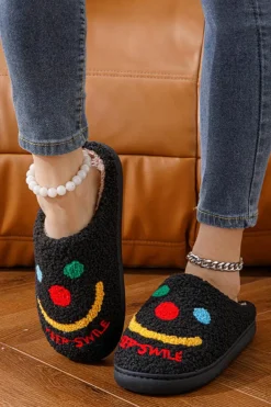 Online Dear-Lover Keep Smile Printed Sherpa Home Slippers Black