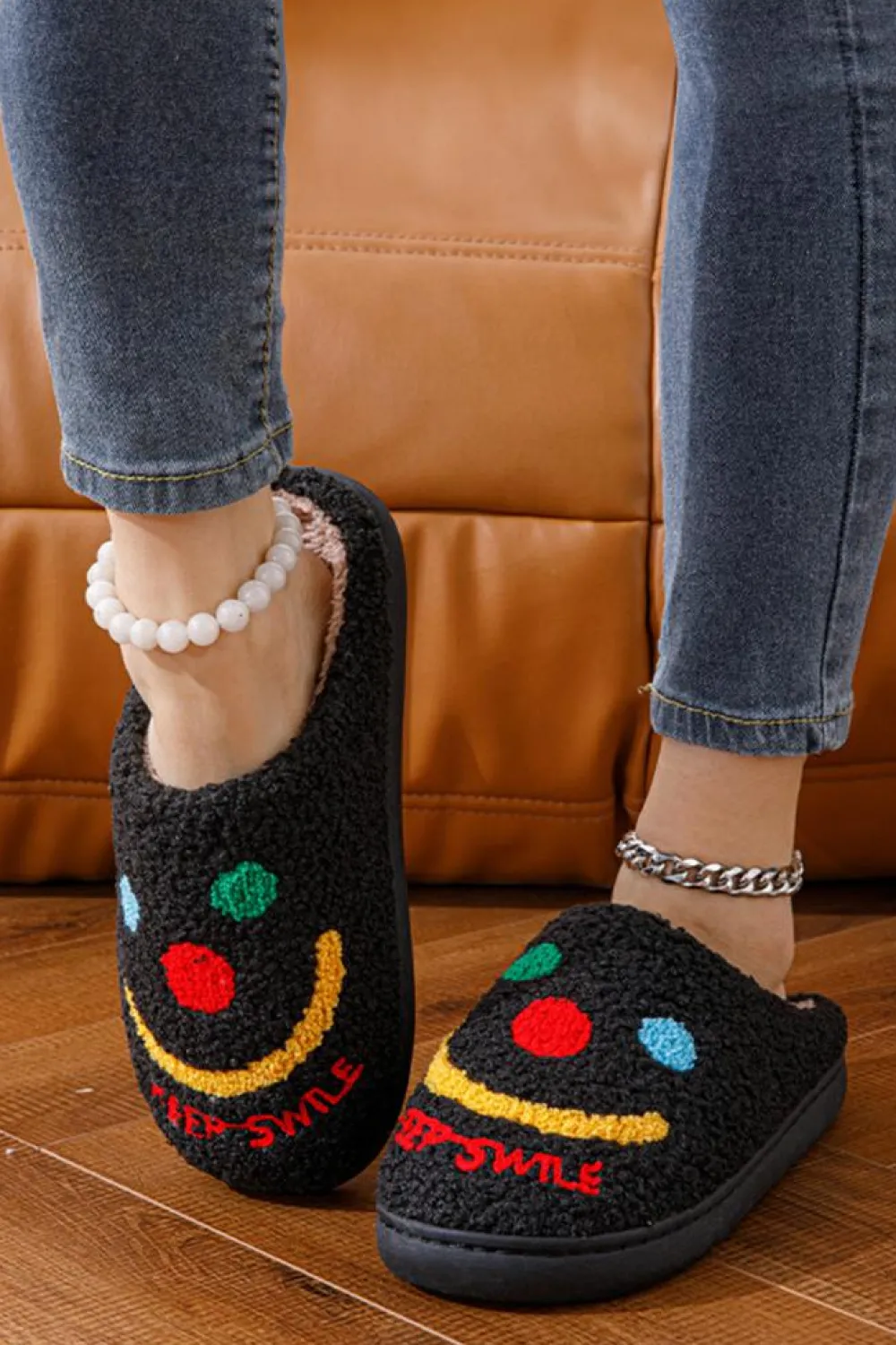 Online Dear-Lover Keep Smile Printed Sherpa Home Slippers Black