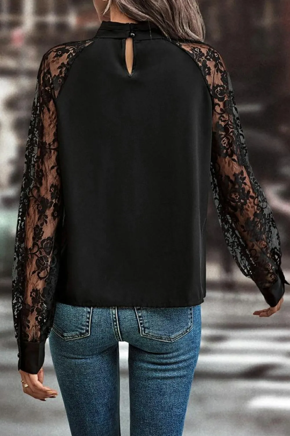 Discount Dear-Lover Keyhole Neckline Floral Lace Raglan Sleeve Blouse Black