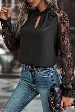 Discount Dear-Lover Keyhole Neckline Floral Lace Raglan Sleeve Blouse Black