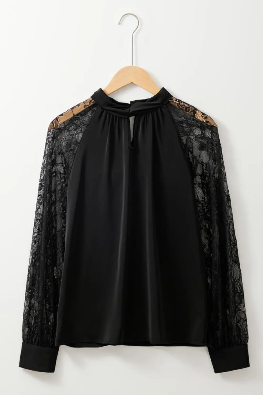Discount Dear-Lover Keyhole Neckline Floral Lace Raglan Sleeve Blouse Black