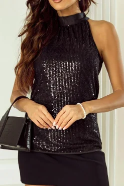 Discount Dear-Lover Keyhole Tie Back Sequined Tank Top Black