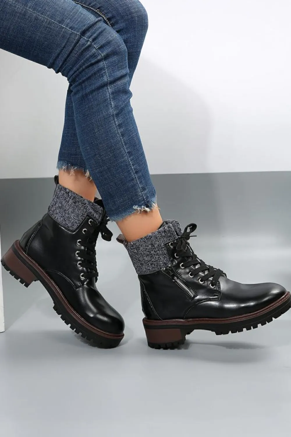 Discount Dear-Lover Knitted Patched Lace-up Heeled Ankle Boots Black