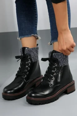 Discount Dear-Lover Knitted Patched Lace-up Heeled Ankle Boots Black