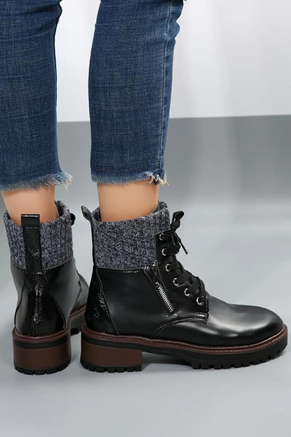 Discount Dear-Lover Knitted Patched Lace-up Heeled Ankle Boots Black