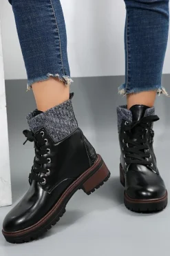 Discount Dear-Lover Knitted Patched Lace-up Heeled Ankle Boots Black