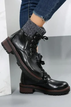 Discount Dear-Lover Knitted Patched Lace-up Heeled Ankle Boots Black