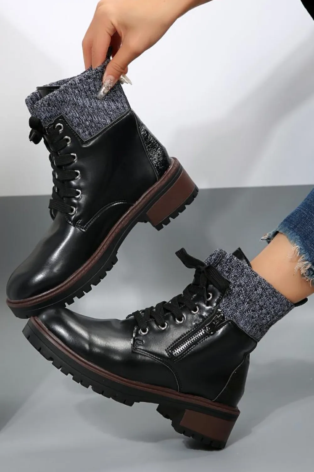 Discount Dear-Lover Knitted Patched Lace-up Heeled Ankle Boots Black