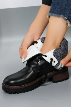 Discount Dear-Lover Knitted Patched Lace-up Heeled Ankle Boots Black