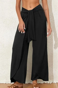 Fashion Dear-Lover Knotted Drop Waist Split Leg Relaxed Pants Black