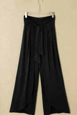 Fashion Dear-Lover Knotted Drop Waist Split Leg Relaxed Pants Black