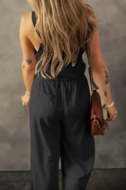New Dear-Lover Knotted Straps Button Textured Drawstring Jumpsuit Black